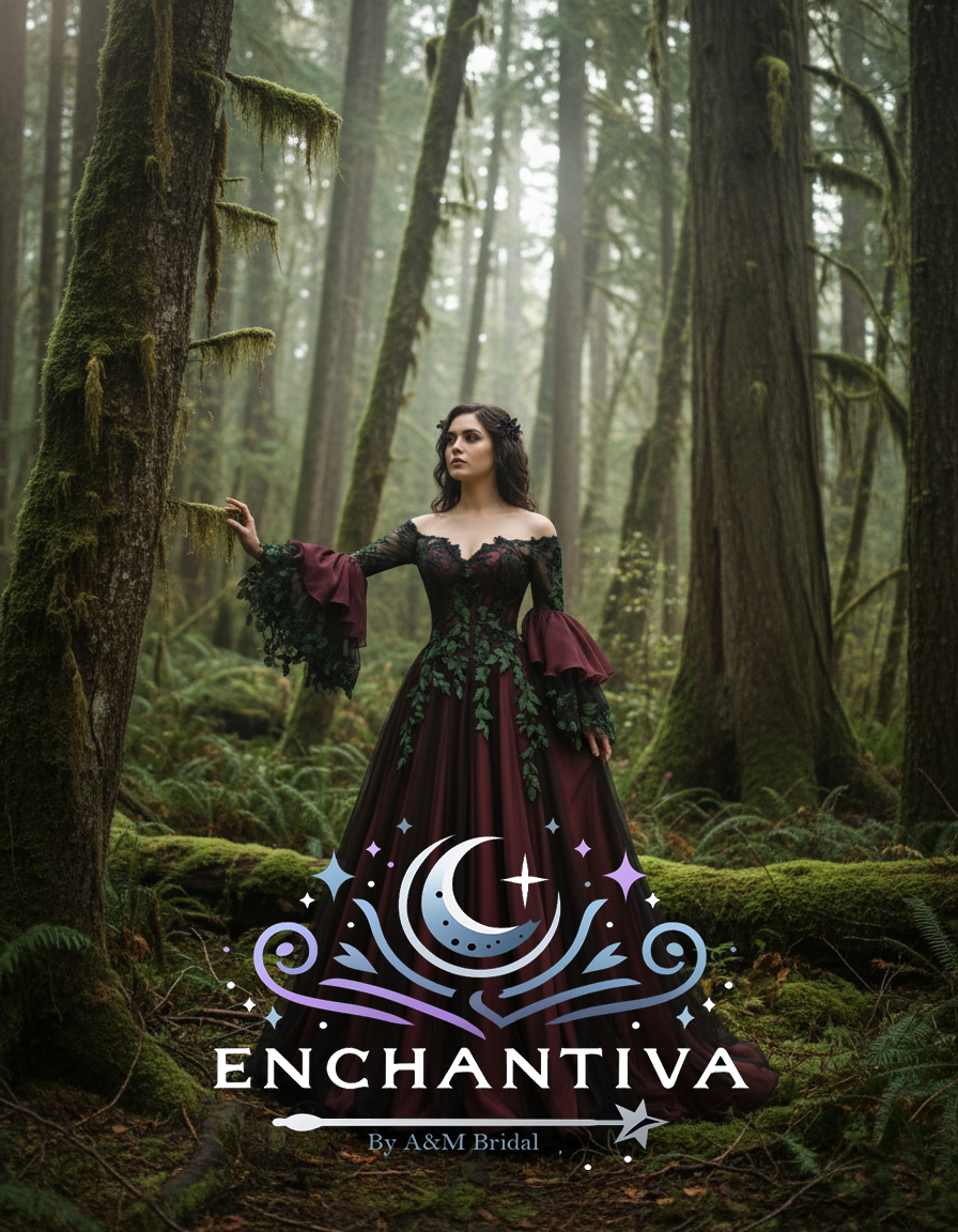 Mystic Ivy Black and Burgundy Renaissance Gown  Gothic Fantasy Wedding  Dress  A & M Enterprises Bridal