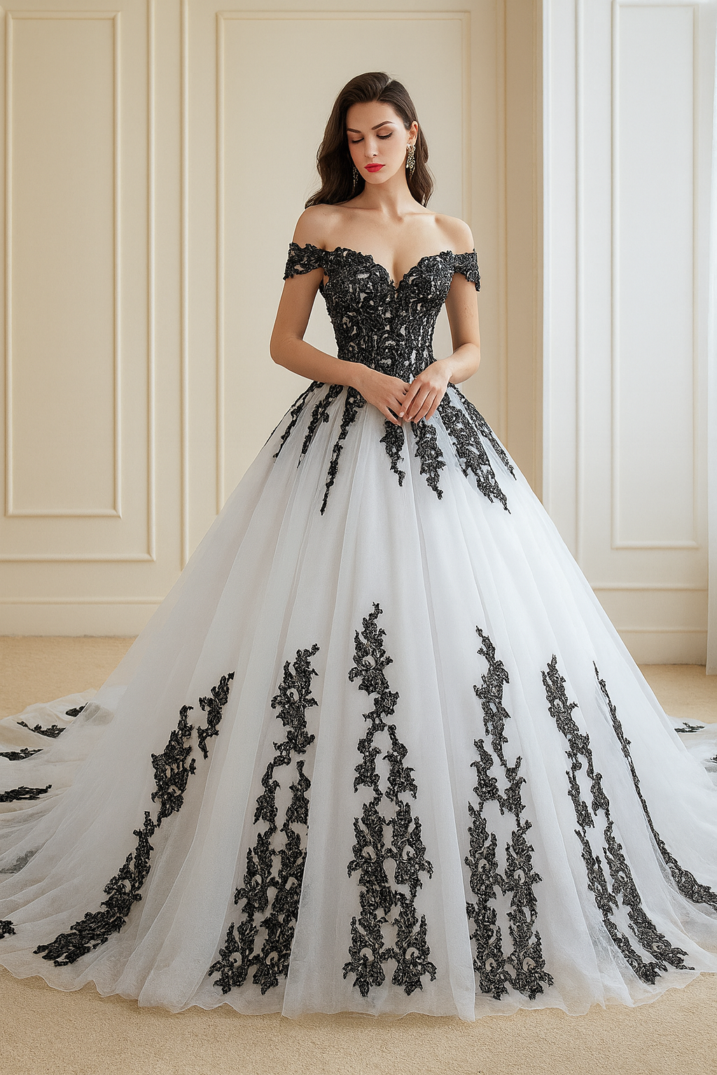 Elaska - Elaska – Black Lace and White Ball Gown Wedding Dress with, image size:1024x1536