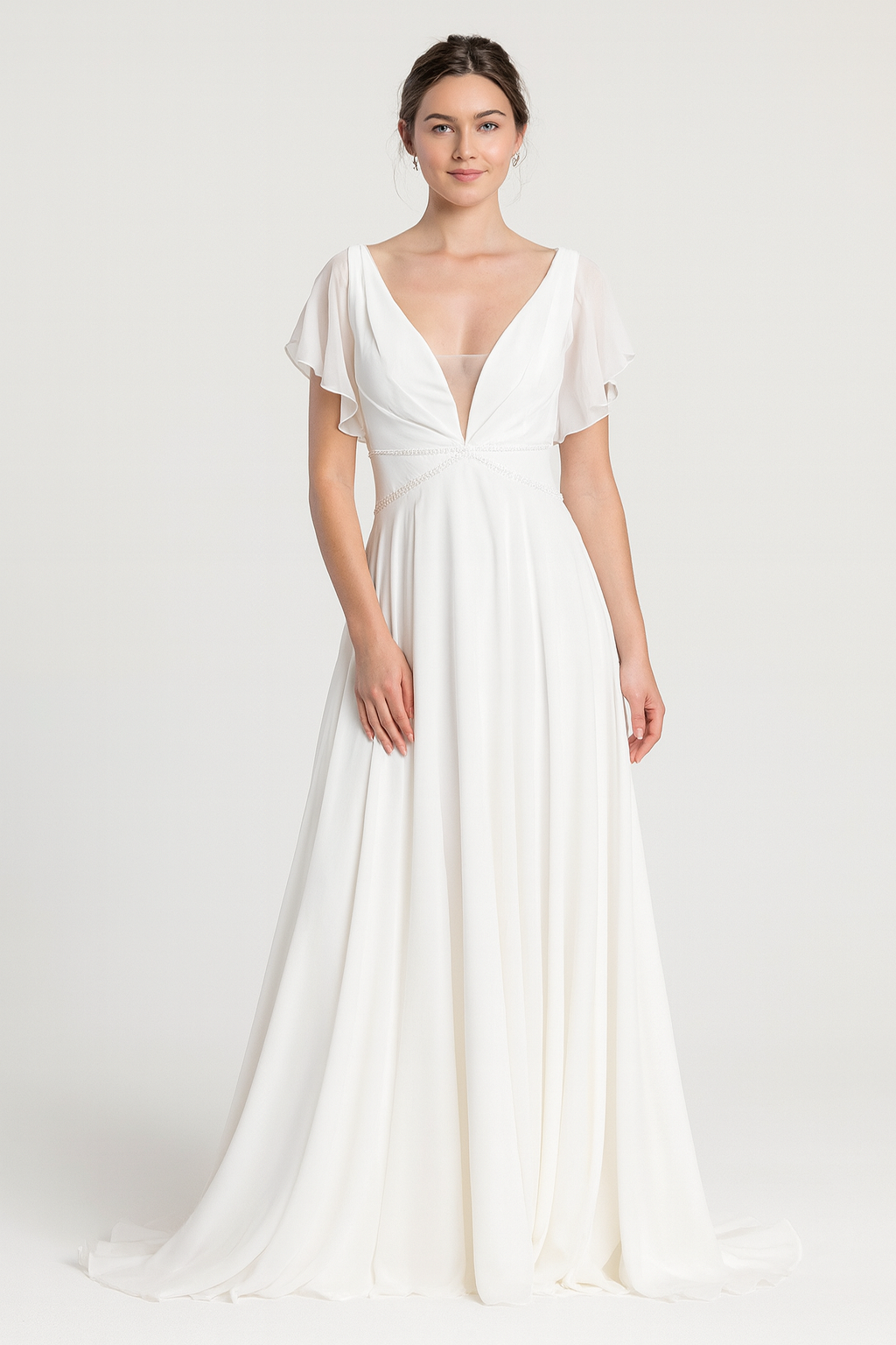 Valleigh A-Line Chiffon Wedding Dress Flutter Sleeves & Plunging V-Neck | A&M Bridal A & M Enterprises Bridal Valleigh A-Line Chiffon Wedding Dress Flutter Sleeves & Plunging V-Neck | A&M Bridal A & M Enterprises Bridal