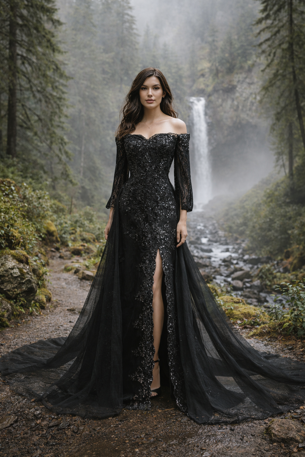 Ferne Black Off-the-Shoulder Lace Wedding Dress with Tulle Overskirt A & M Enterprises Bridal Ferne Black Off-the-Shoulder Lace Wedding Dress with Tulle Overskirt A & M Enterprises Bridal