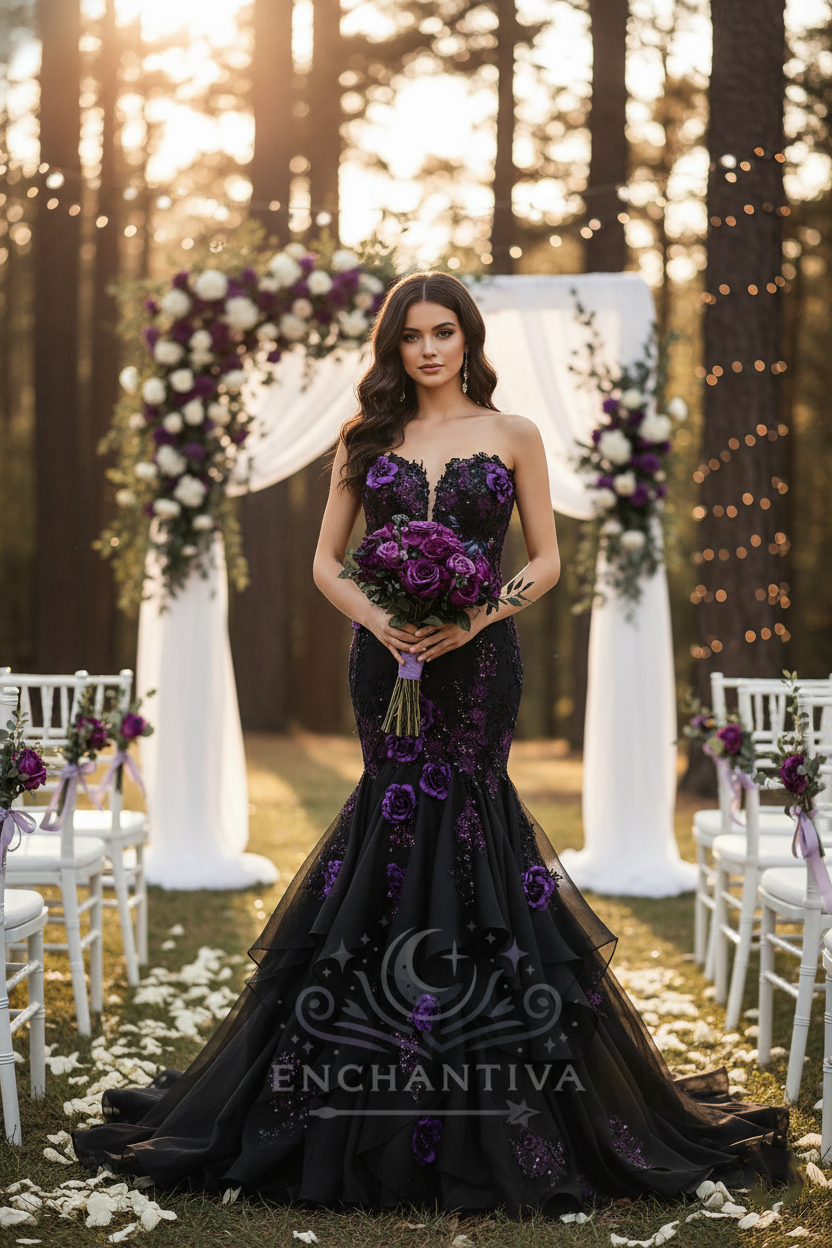 fitted lace wedding dress Amethyst Allure Black & Purple Floral Mermaid Wedding Dress by Enchantiva –  A & M Enterprises Bridal