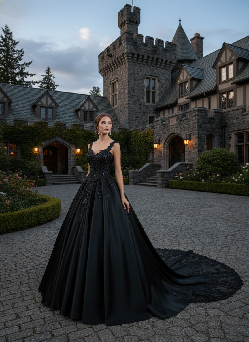 Evelyne Black Gothic Wedding Dress – Black Satin Bridal Ball Gown with ...