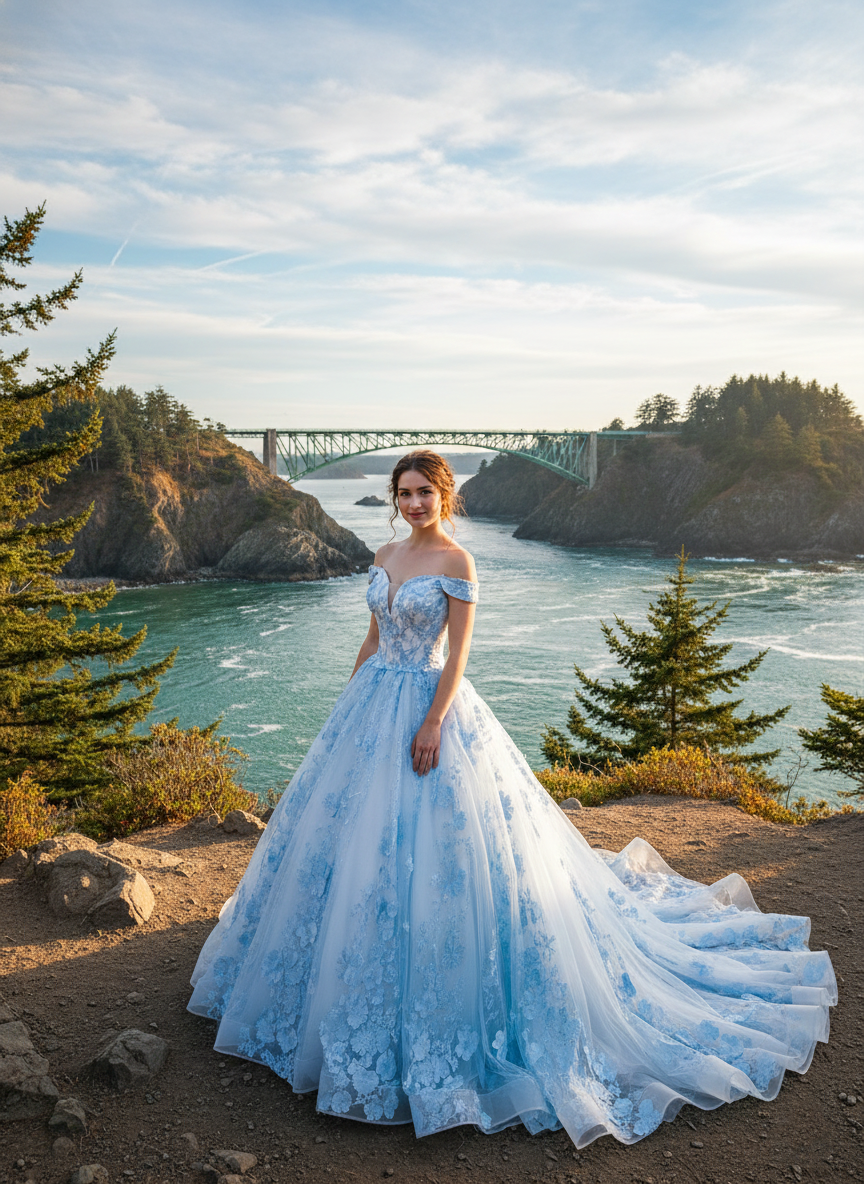 Blue Floral Ball Gown Wedding Dress
