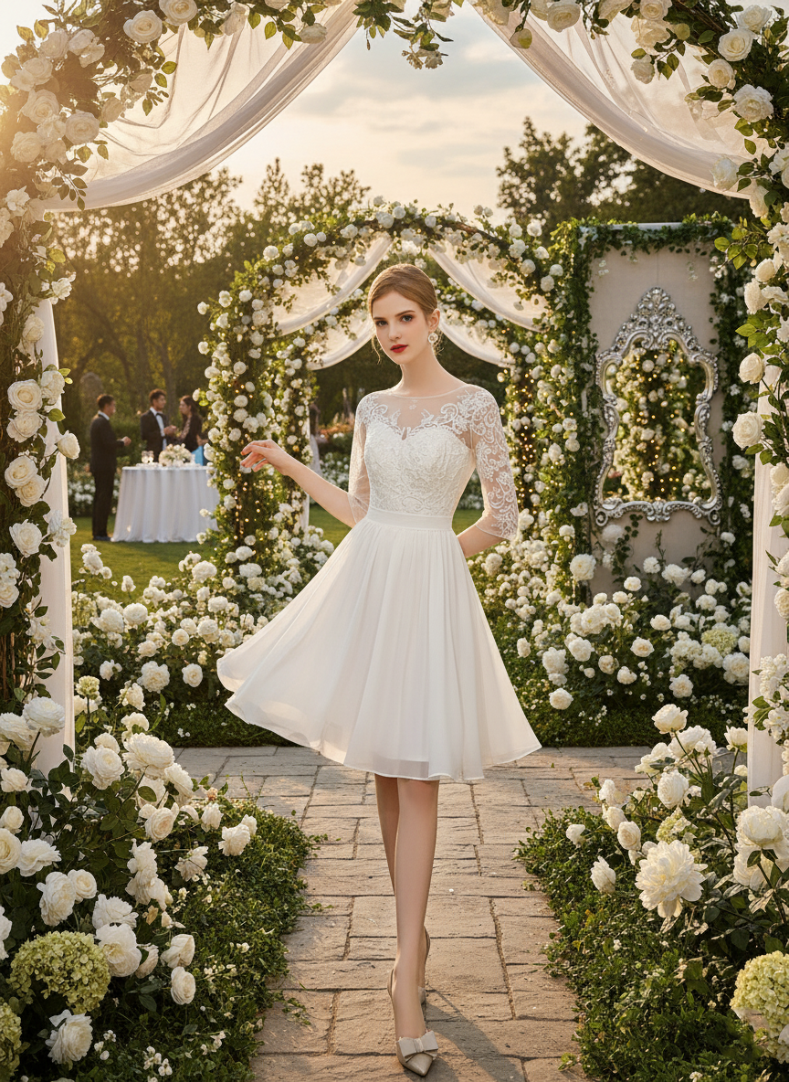 Alice Short Lace Wedding Dress | Vintage Chiffon Bridal Gown by Adela Designs A & M Enterprises Bridal Alice Short Lace Wedding Dress | Vintage Chiffon Bridal Gown by Adela Designs A & M Enterprises Bridal