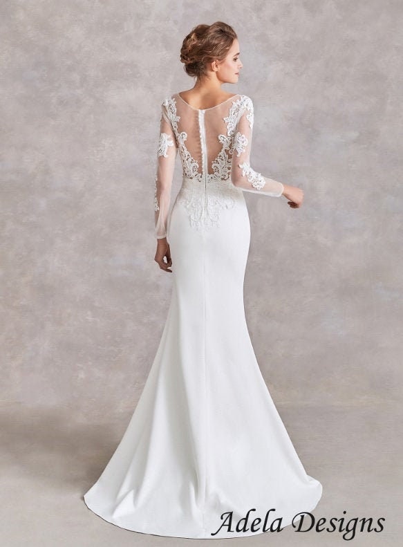 Long Sleeves Mermaid Trumpet Bridal Gown Wedding Dress Illusion Lace Stretchy Fabric