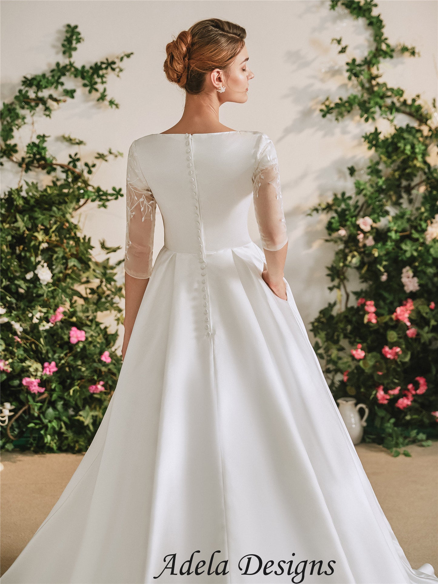 Modest Satin Wedding Dress Bridal Gown With Sheer Lace Sleeves Pockets 3 Quarter Sleeves Buttons High Back ALine
