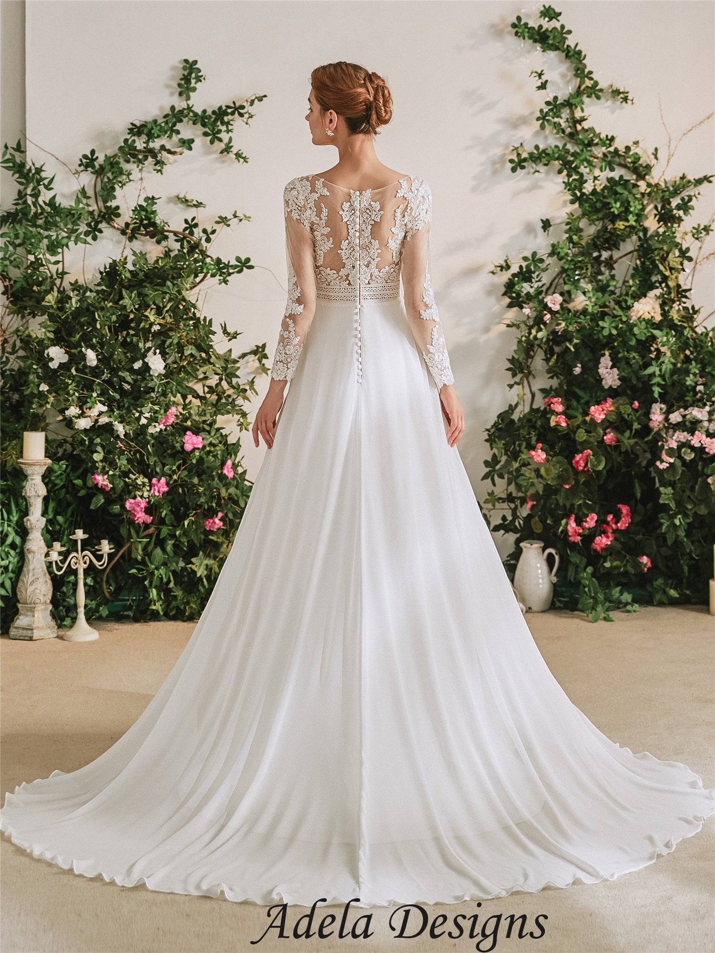 Long Sleeves Chiffon A-Line Lace Boho Wedding Dress Bridal Gown Illusion Back Modest Plus Size