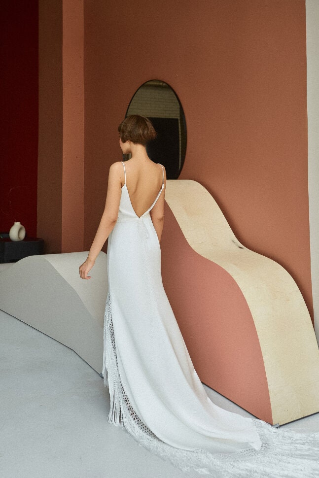 Silk Slinky Boho Slip Style with Tassels and Train Sleeveless Spaghetti Straps Open Back Wedding Dress Bridal Gown Simple