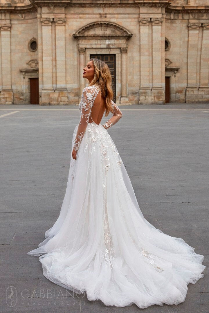Wedding Dress Bridal Gown Aline Low Open Back Long Illusion Lace Sleeves Plunge Neck Sparkle Bodice Full Layered Skirt High Neckline Floral