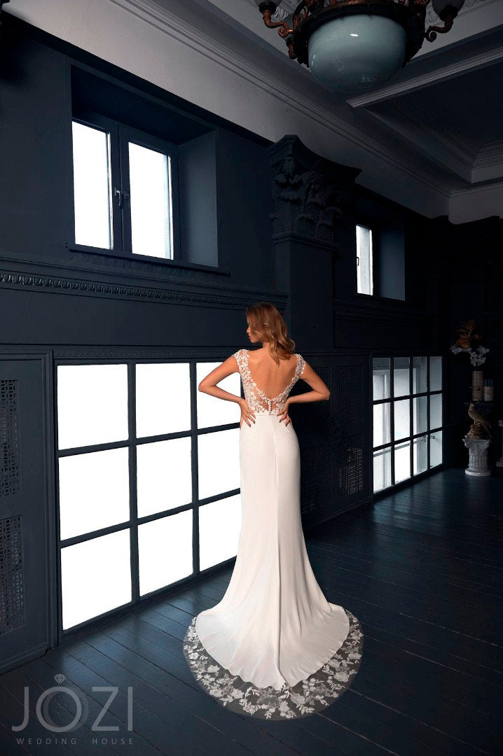 Modern Floral Lace Side Slit Sheath Short Sleeve Illusion Front Open Back Wedding Dress Bridal Gown Crepe Fabric