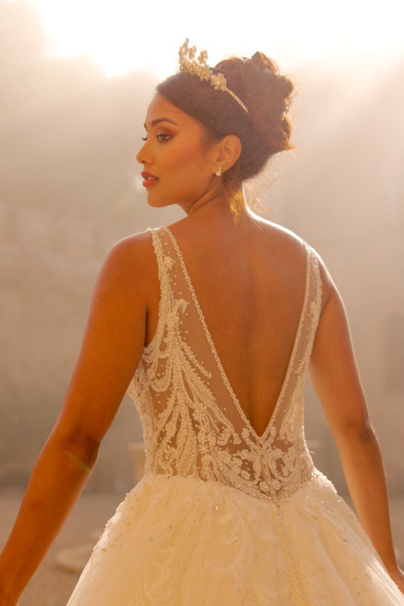 Elegant Beaded Lace and Tulle Ball Gown Wedding Dress with Illusion Neckline and Sparkling Skirt Princess Style All Over Sparkle