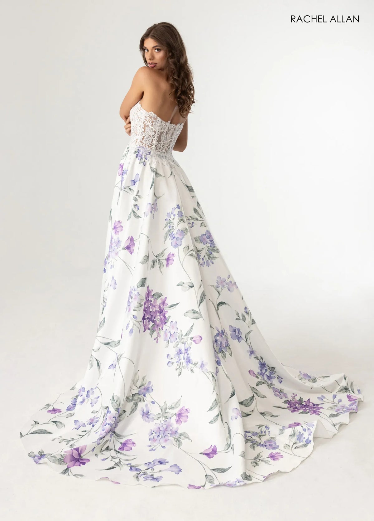 Rachel Allan White Multi Floral Strapless Maxi Dress with slit Size 6