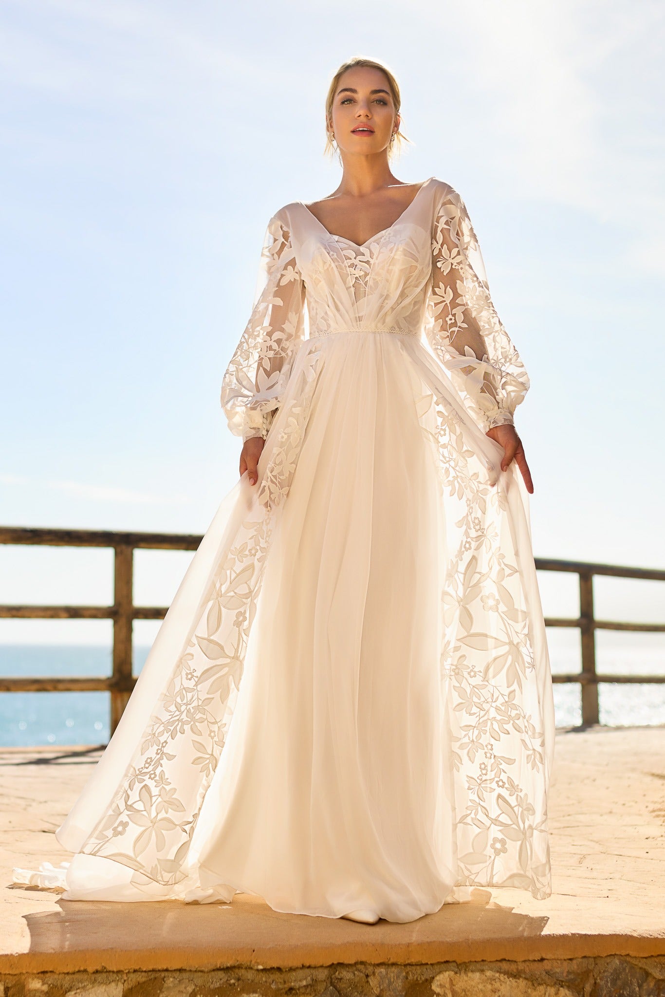 Tilly Wedding Dress Long Lace Sleeves & Floral Chiffon Skirt | A&M Bridal A & M Enterprises Bridal Tilly Wedding Dress Long Lace Sleeves & Floral Chiffon Skirt | A&M Bridal A & M Enterprises Bridal