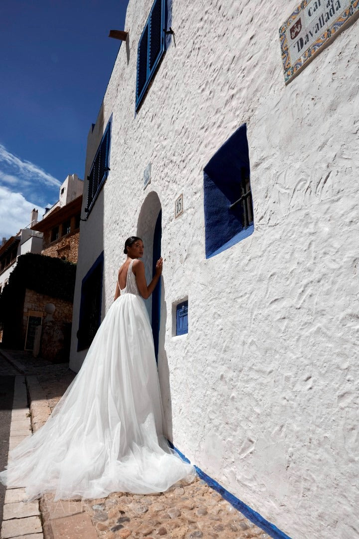 Rear view of Danis dress showcasing open low back and flowing train
