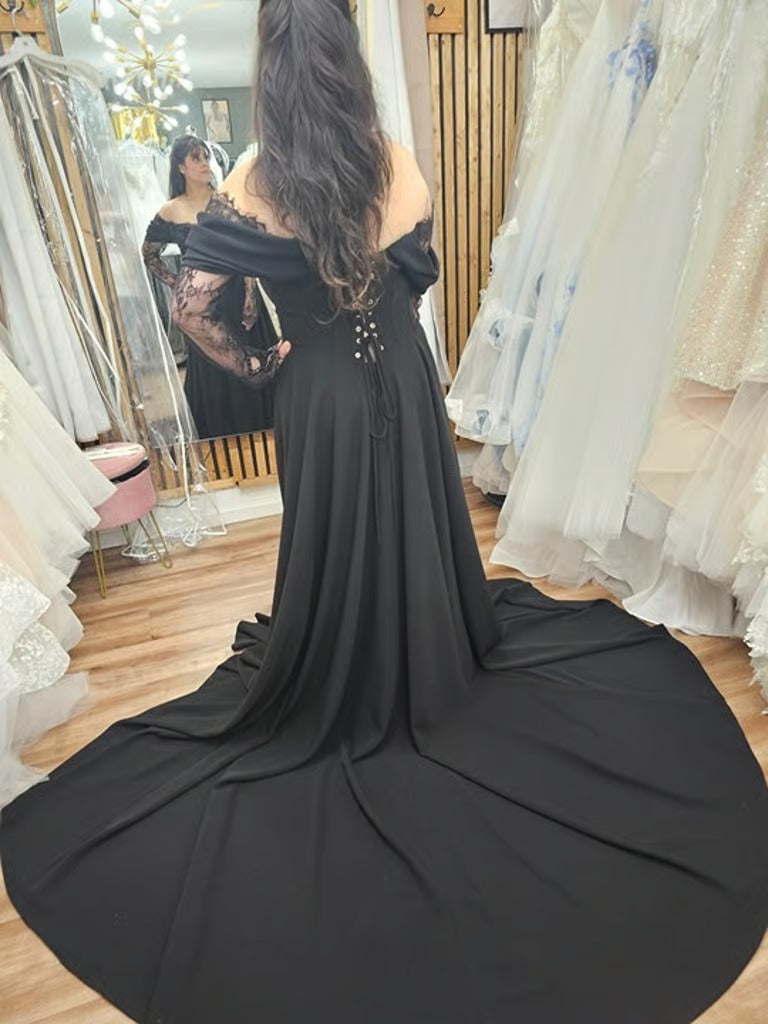 Black Wedding Dress Off the Shoulder Long Sleeve Crepe Size 16