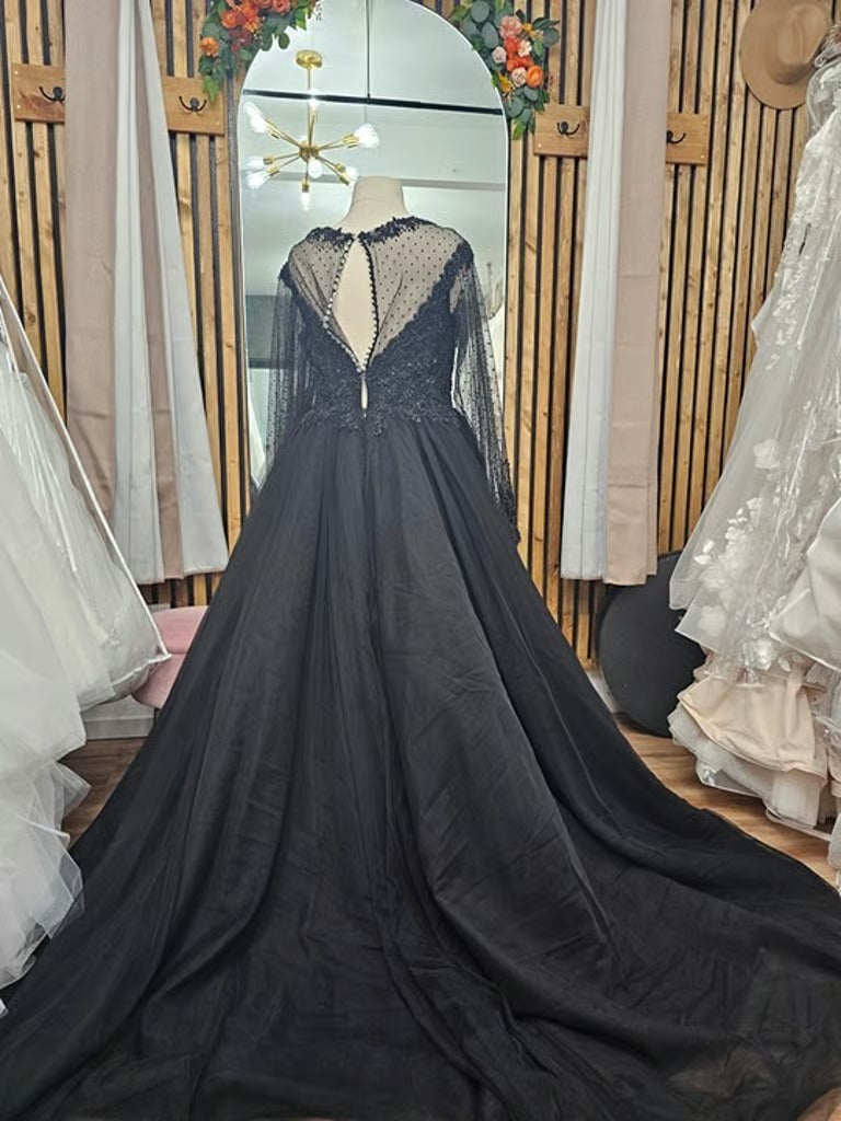 Heavy Beaded Black Wedding Dress Long Sleeves Illusion Neckline Size 18