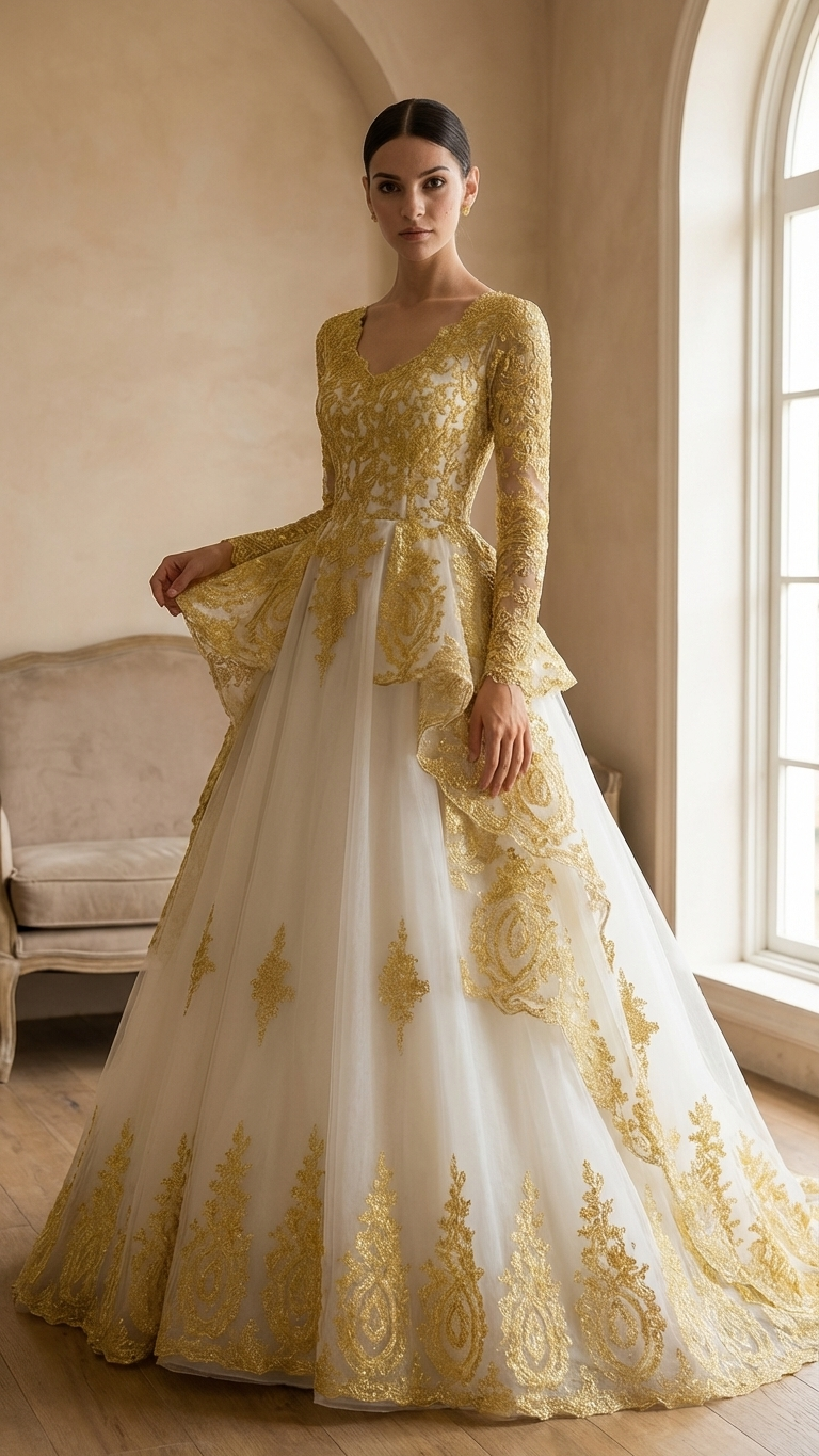 slim fit dress slacks Rhea Gold Embroidered Ball Gown Wedding Dress – A & M Enterprises Bridal