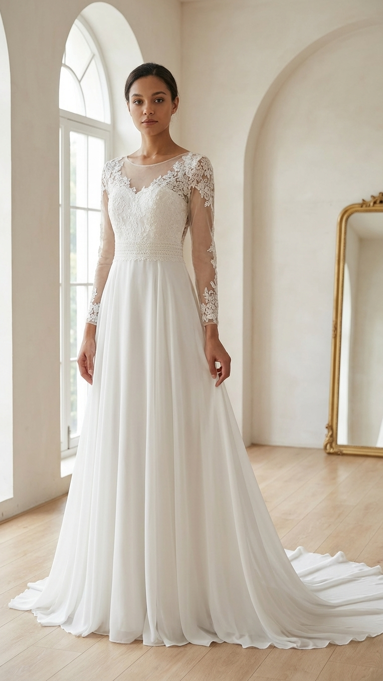 fitted lace wedding dress See Through Lace Top Long Sleeves Chiffon A-Line Wedding Dresses , CW0047 fitted lace wedding dress See Through Lace Top Long Sleeves Chiffon A-Line Wedding Dresses , CW0047
