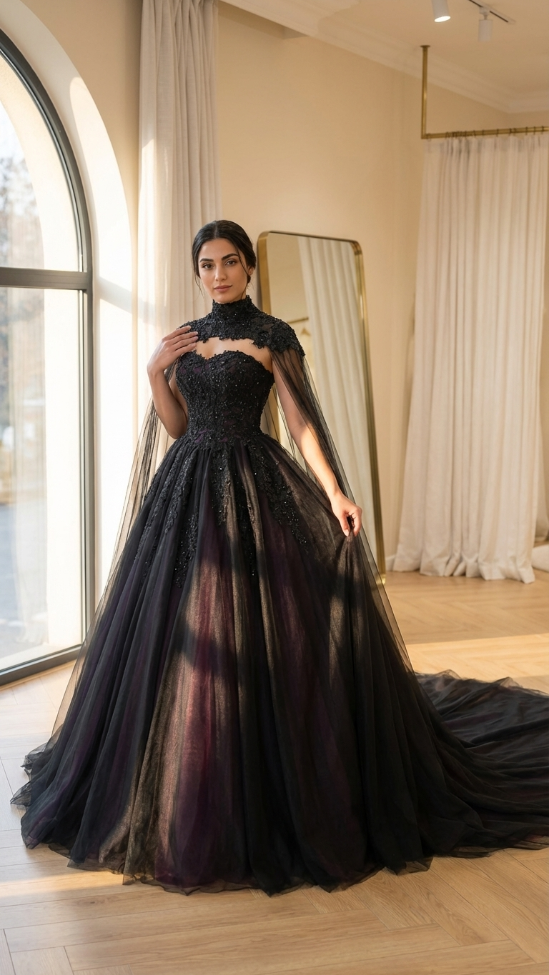 Hazel Gothic Wedding Dress Black Ball Gown with Beaded Cape | Adela Designs A & M Enterprises Bridal Hazel Gothic Wedding Dress Black Ball Gown with Beaded Cape | Adela Designs A & M Enterprises Bridal