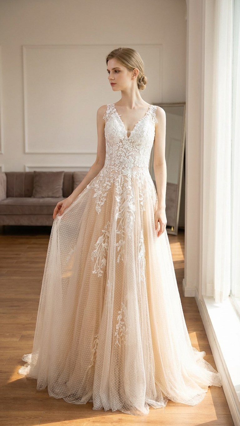 Kodi Ivory Champagne Boho Wedding Dress | Lace A-Line Bridal Gown by Adela Designs A & M Enterprises Bridal Kodi Ivory Champagne Boho Wedding Dress | Lace A-Line Bridal Gown by Adela Designs A & M Enterprises Bridal