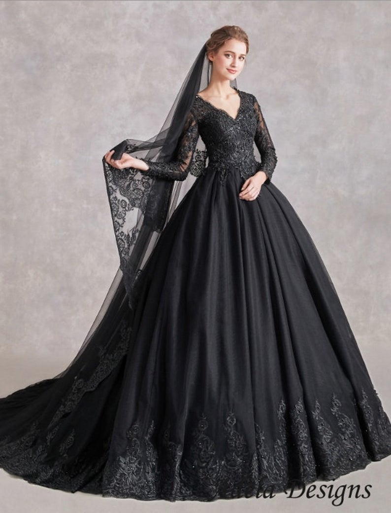 Rebecca Black Wedding Dress – Gothic Lace Ball Gown with Long Sleeves