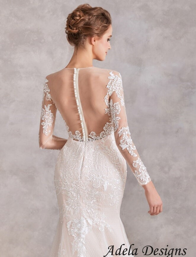 Mermaid Wedding Dress Trumpet Lace Bridal Gowns Long Sleeves Buttons