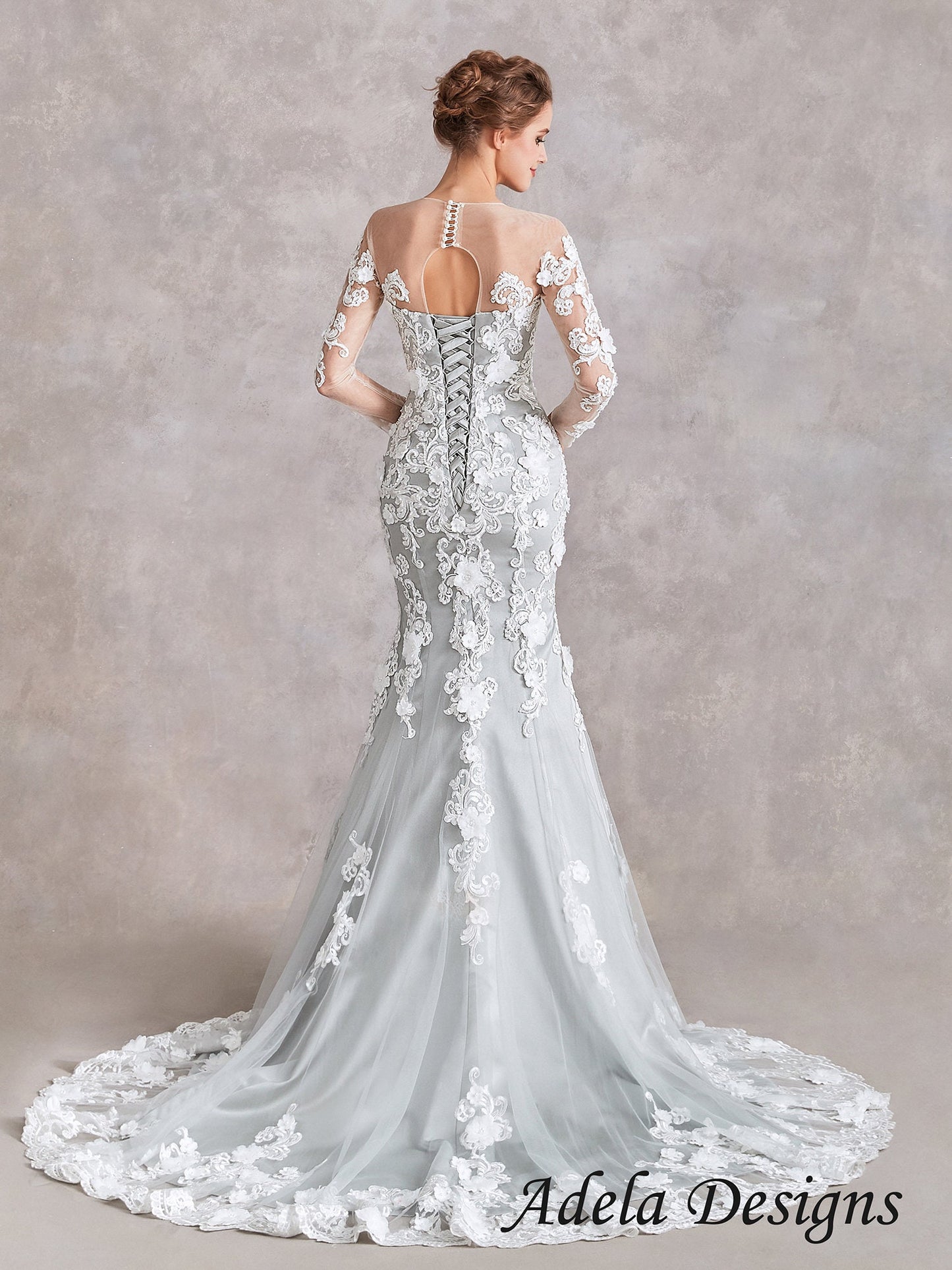 Silver Mermaid Trumpet Wedding Dress Bridal Gown Lace Illusion Neck Sleeves 3D Flowers