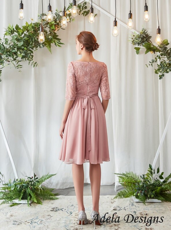 A-line Lace Chiffon Midi Wedding Dress Bridal Gown Short Knee Length Half Sleeve Modest