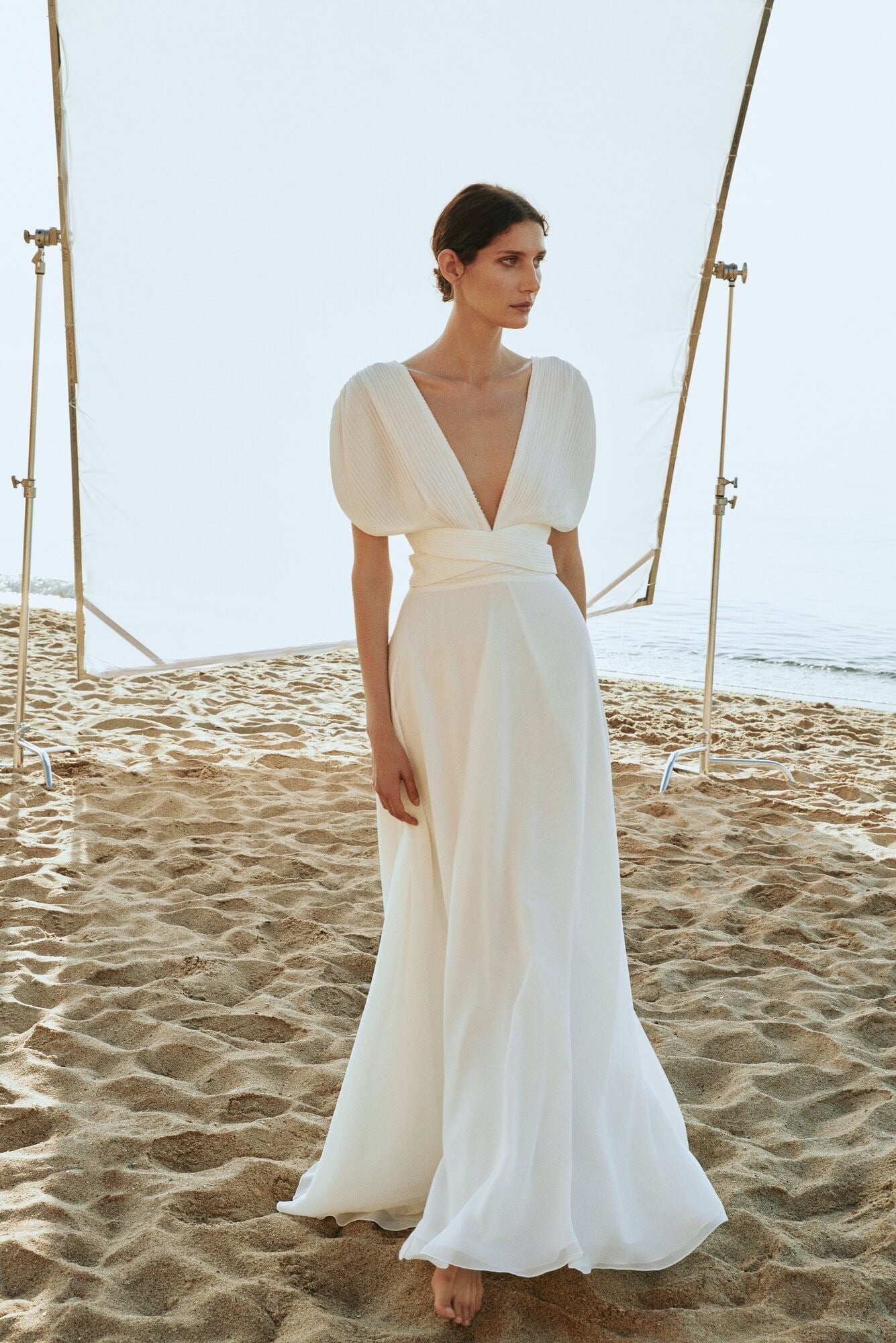 Sunrise by Liretta Ivory A-Line Chiffon Bridal Gown with PearlTrimmed VNeck A & M Enterprises Bridal Sunrise by Liretta Ivory A-Line Chiffon Bridal Gown with PearlTrimmed VNeck A & M Enterprises Bridal