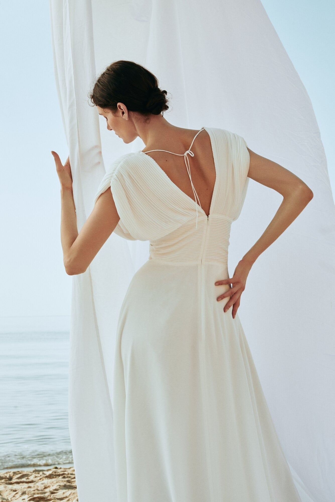 Back view of Liretta Sunrise gown showing open back and pleated chiffon yoke