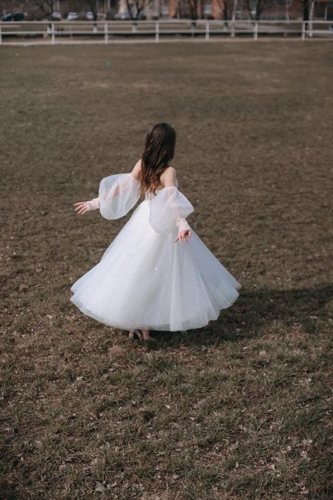 Tea Length Polka Dot Detachable Puff Long Sleeves with Cuff Wedding Dress Bridal Gown Plunge Neckline Open Back Sexy