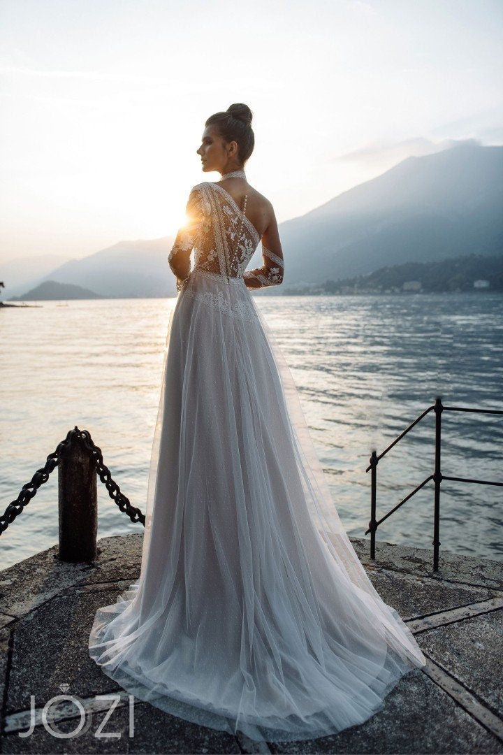 Beautiful Modern Lace Top ALine Wedding Dress Bridal Gown Original Long Sleeves Illusion High Neckline