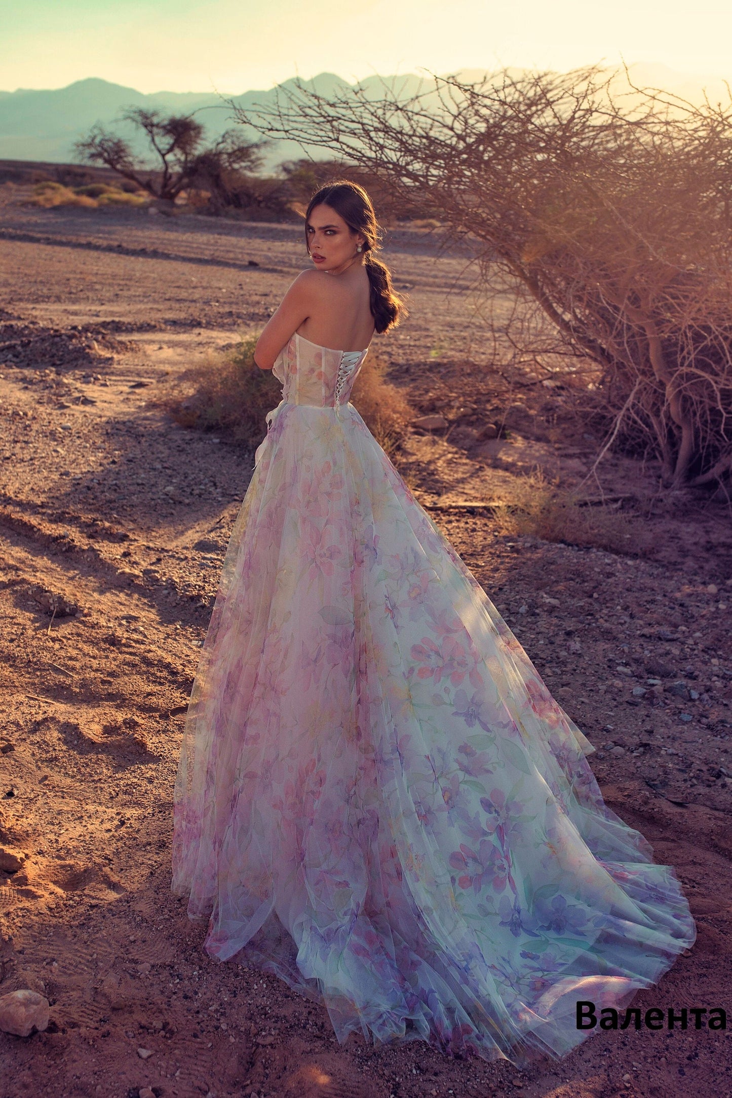 Beautiful Floral Print Flower Design Sleeveless Strapless Aline Wedding Dress Bridal Gown Corset Back with Train Purple Orchid Flowers