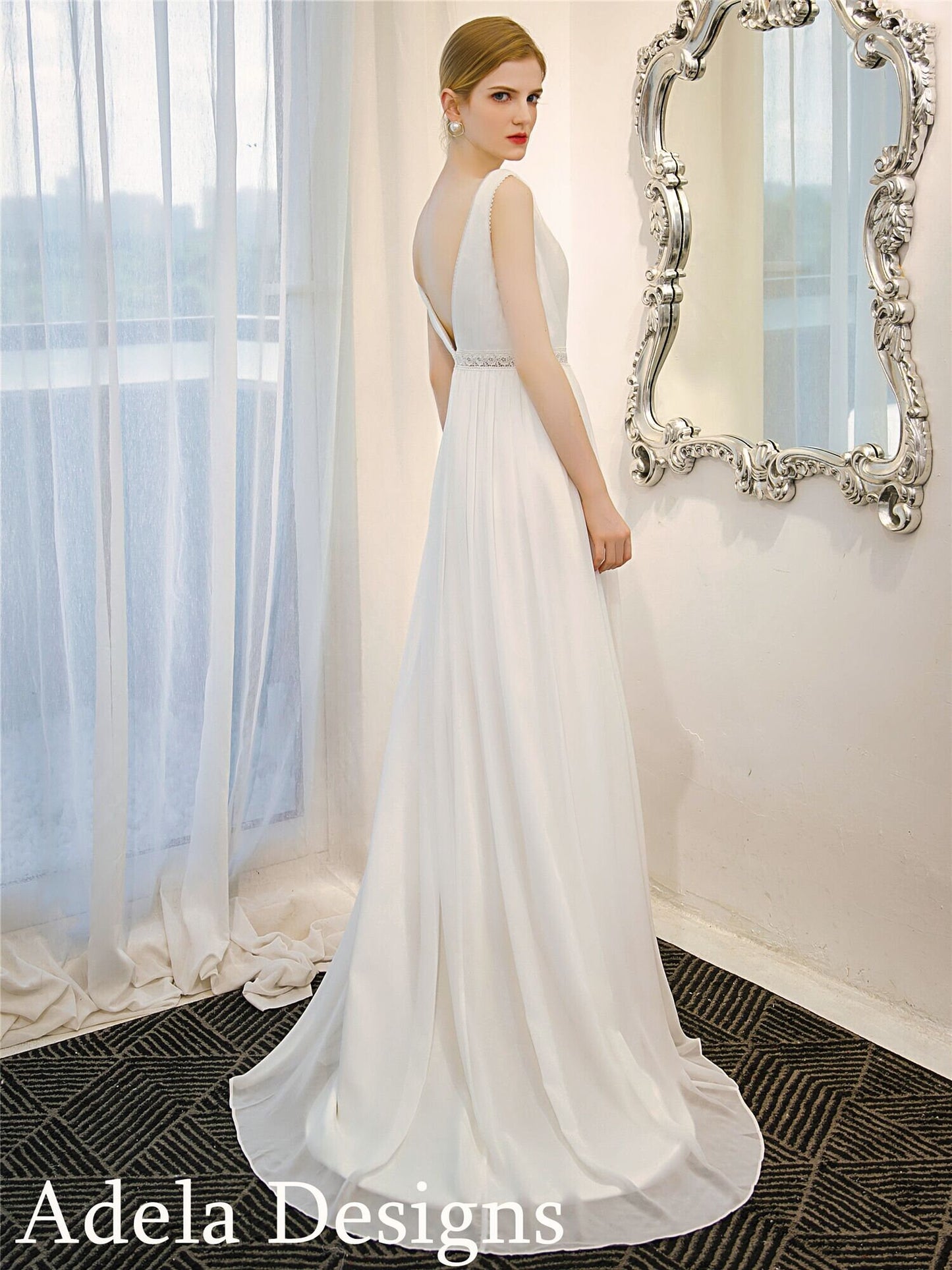 A-Line Simple Boho Chiffon Sleeveless Deep V Neckline Open Back Goddess Style Wedding Dress Bridal Gown