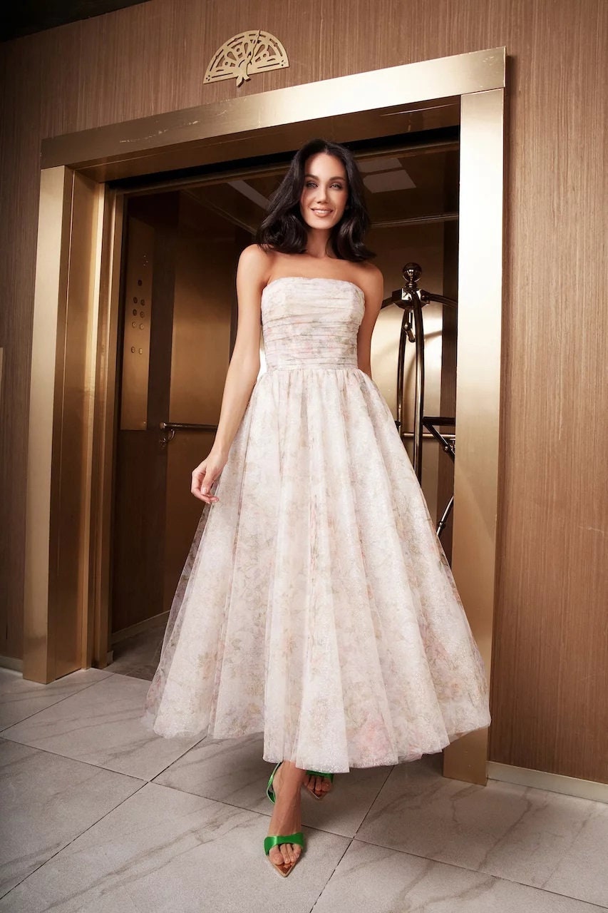 chiffon tea length straight neckline wedding dress Seiza – A & M Enterprises Bridal