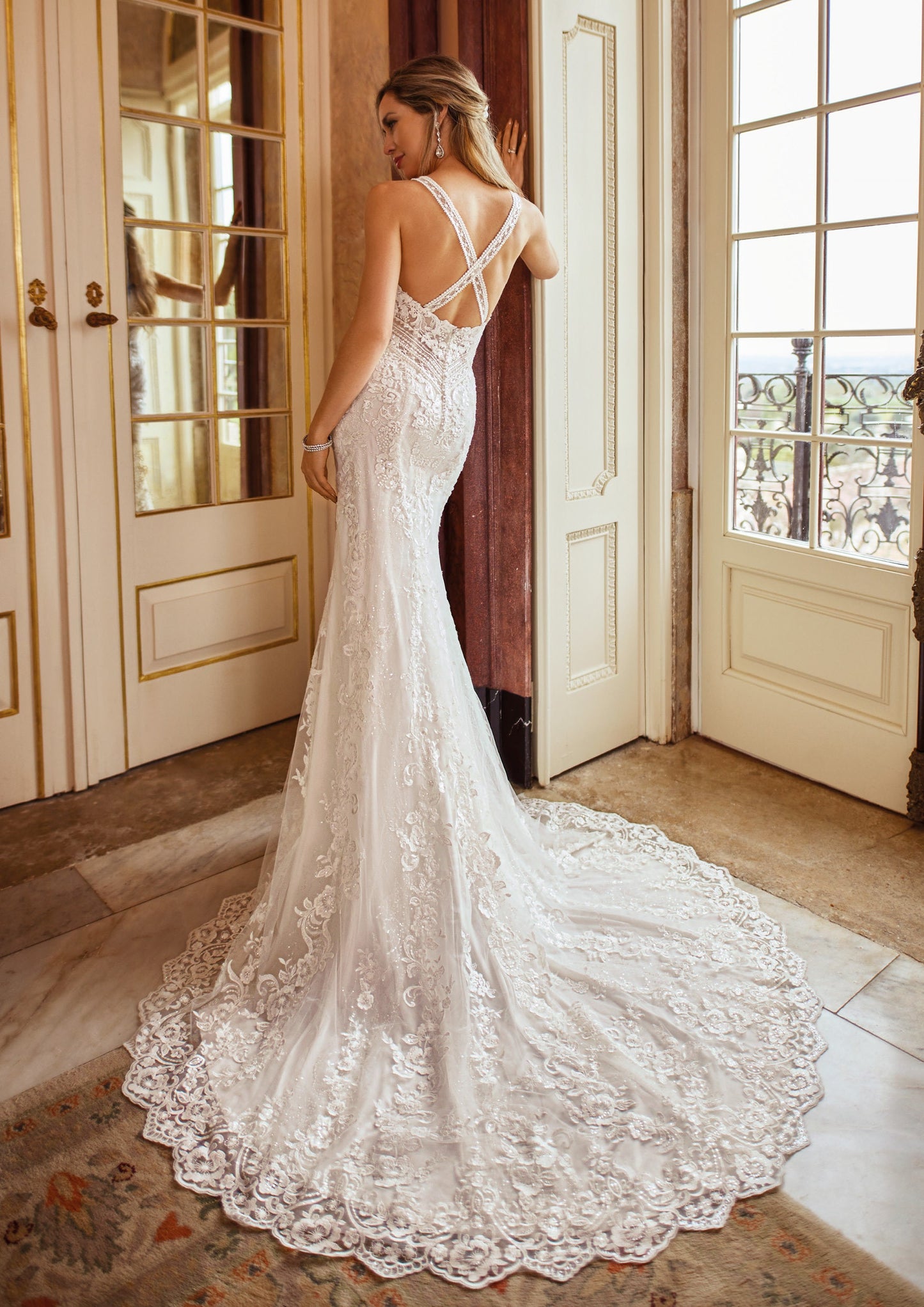 Elegant and Luxurious Sleeveless Fit and Flare Open Back Wedding Dress Bridal Gown All Over Lace Scallop Edge V Neck Straps Fitted