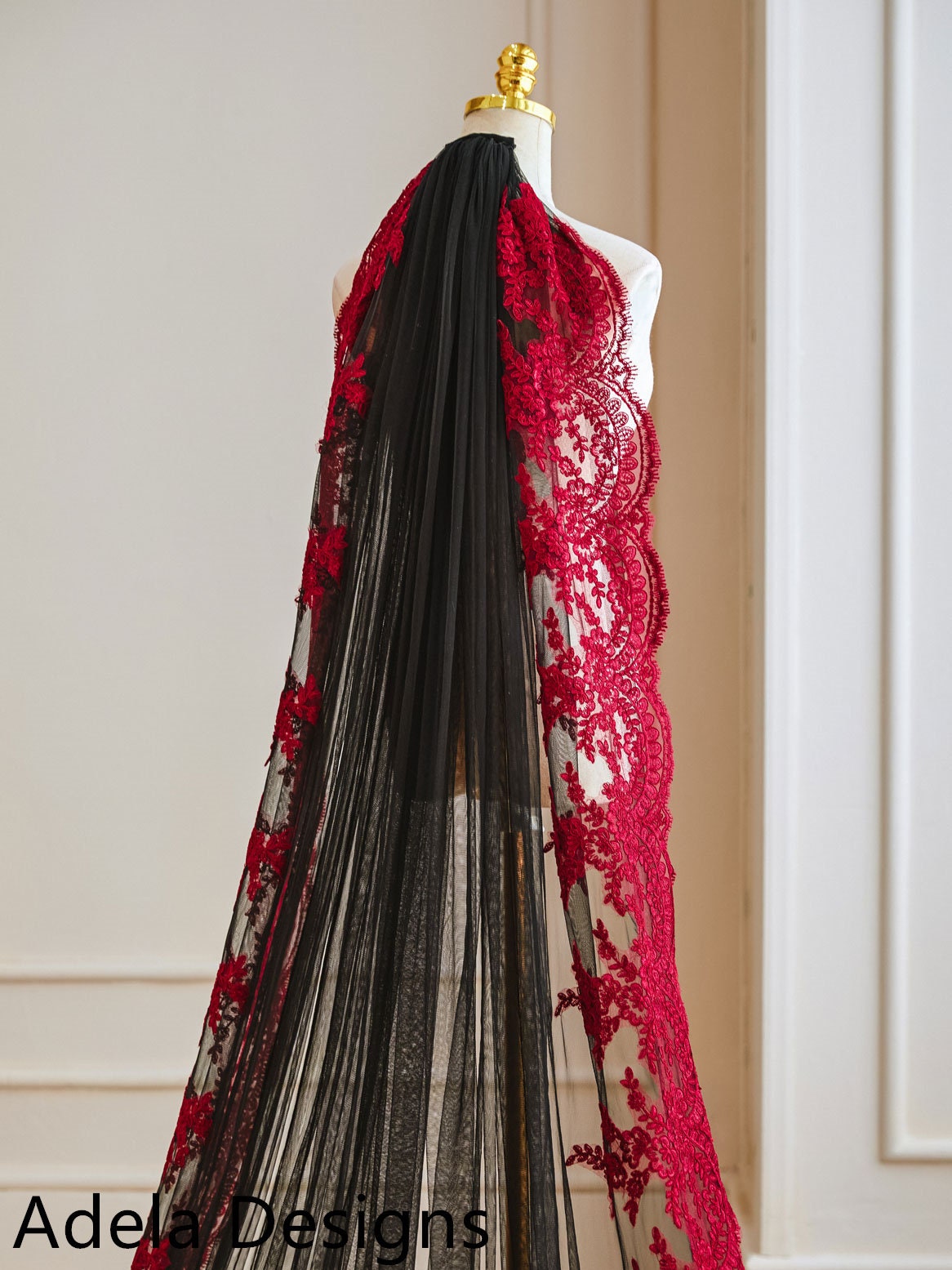 Bridal Veils Lace Edge Tulle Wedding Veil Red Black 10 Feet Long Cathedral Length