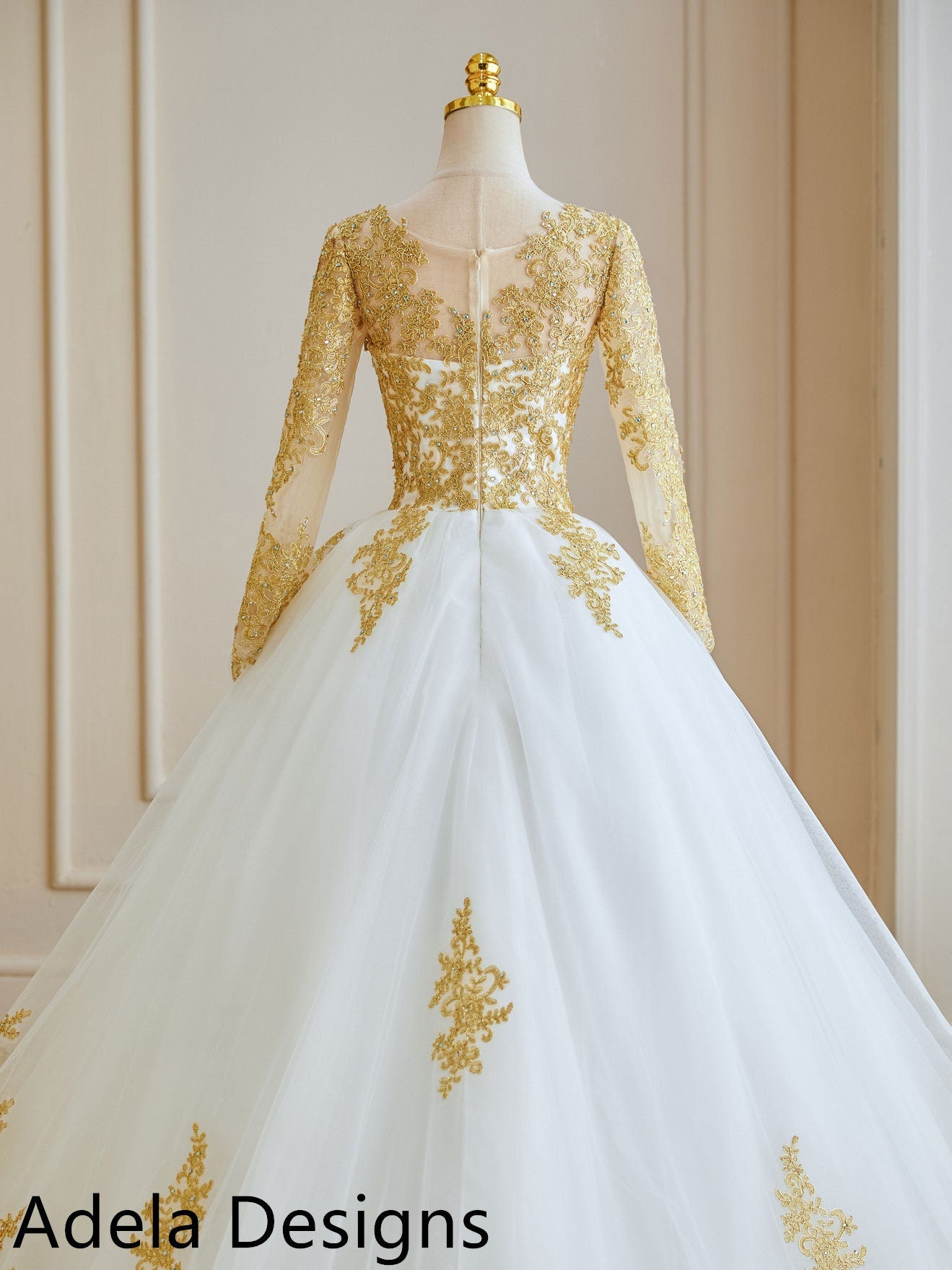 Untraditional Gold and White Ball Gown Royal Wedding Dress Bridal Illusion V Neck Long Sleeves Lace with Train Unique Design