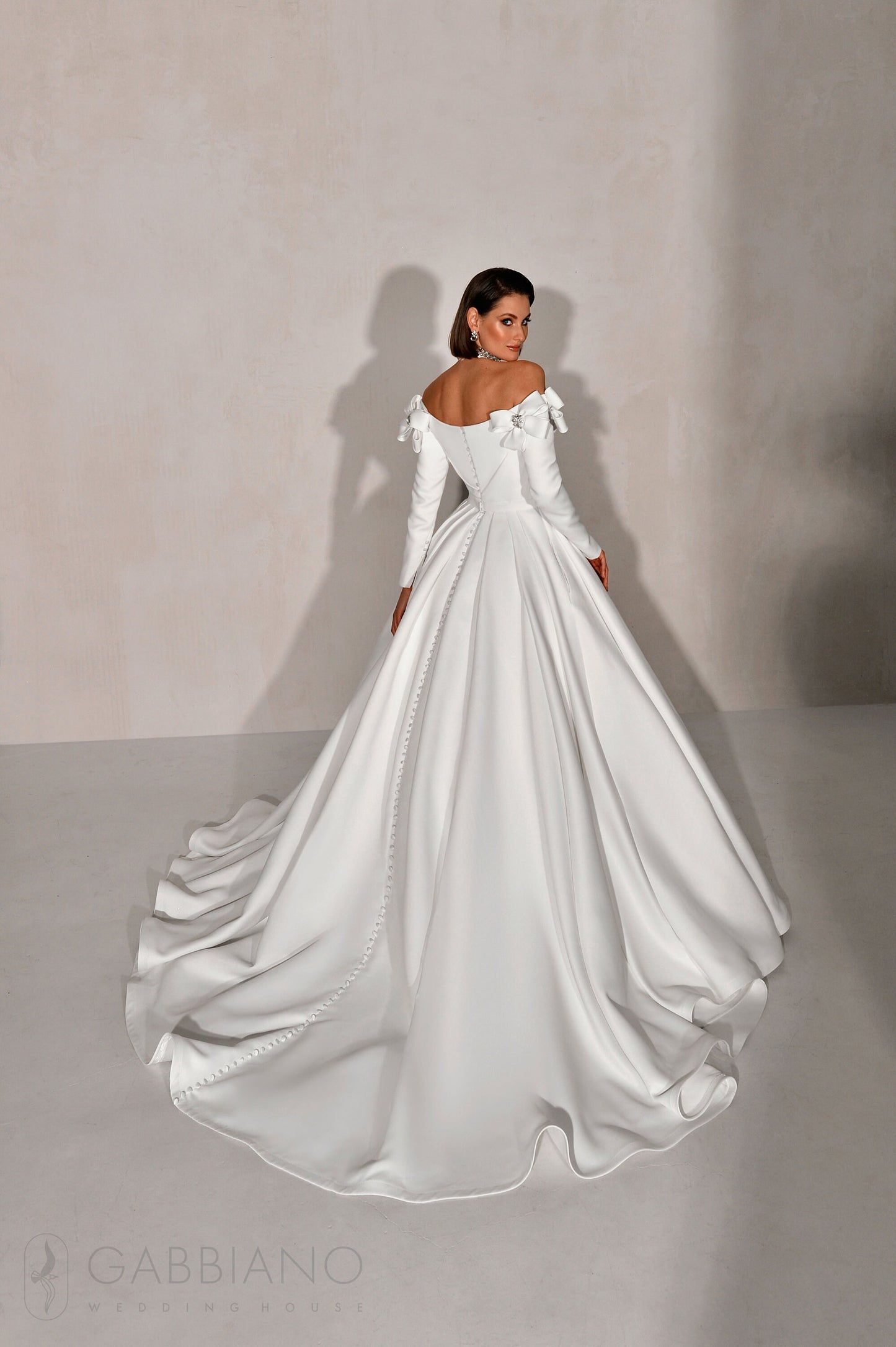 Unique Design Off The Shoulder Simple Classic Minimalist Satin Long Sleeve Full Aline Wedding Dress Bridal Gown Bows and Train