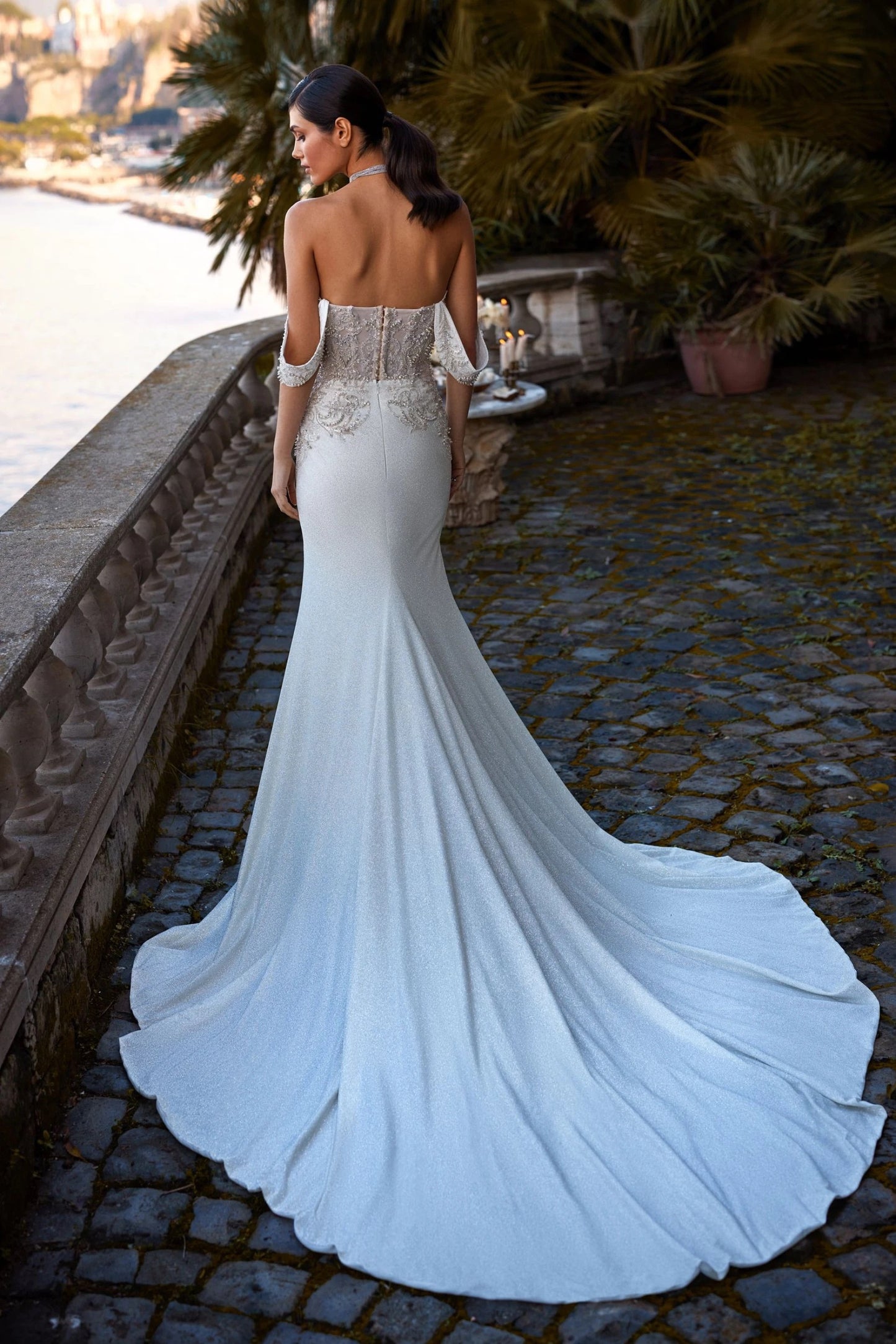 Luxury Unique Mermaid Silhouette Translucent Corset Sparkle Glitter Wedding Dress Bridal Gown Sweetheart Neckline Train Off The Shoulder