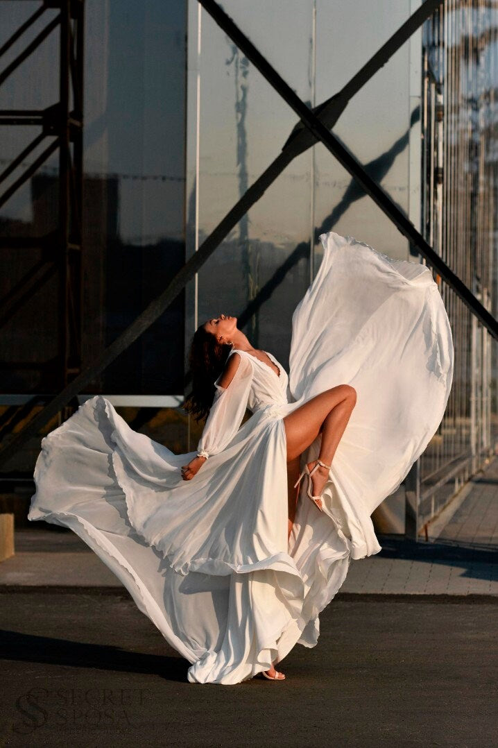 Greek Wedding Dress in Milky Chiffon Long Sleeves Lace Cuffs V-shaped Neckline Open Back Lace Trim Bridal Gown two Side Slits at the Front