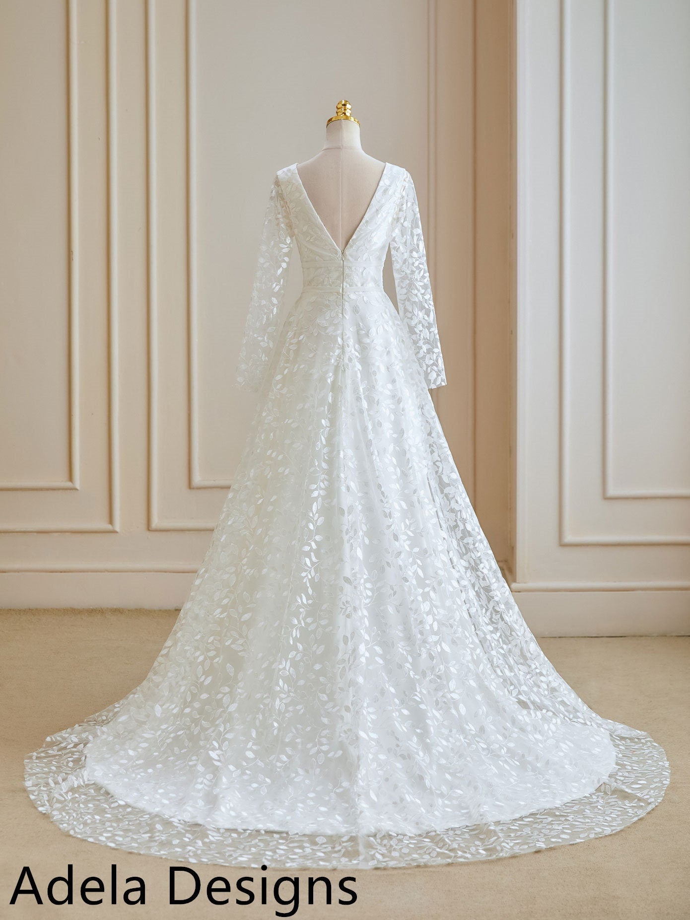 Simple Lace Aline Boho Wedding Dress Long Sleeve Bridal Gown Deep V Neckline Illusion Sleeves All Over Lace Design Open Back Sexy Style