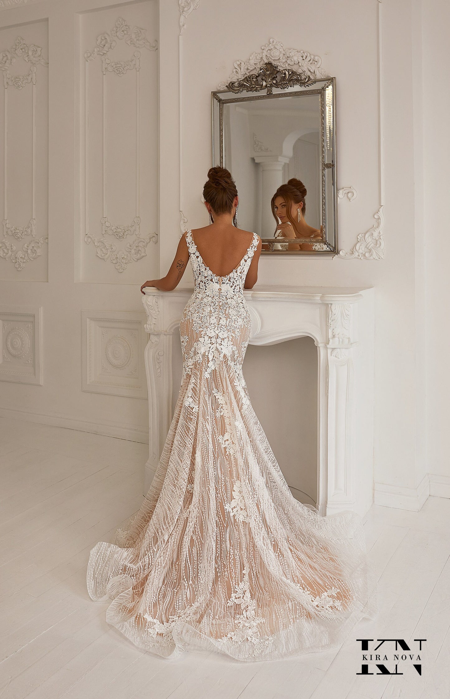 Beautiful Fit and Flare Wedding Dress with Floral Contrasting Lace, Sleeveless, Plunge Neckline Fitted Style Open Back Zipper Closure