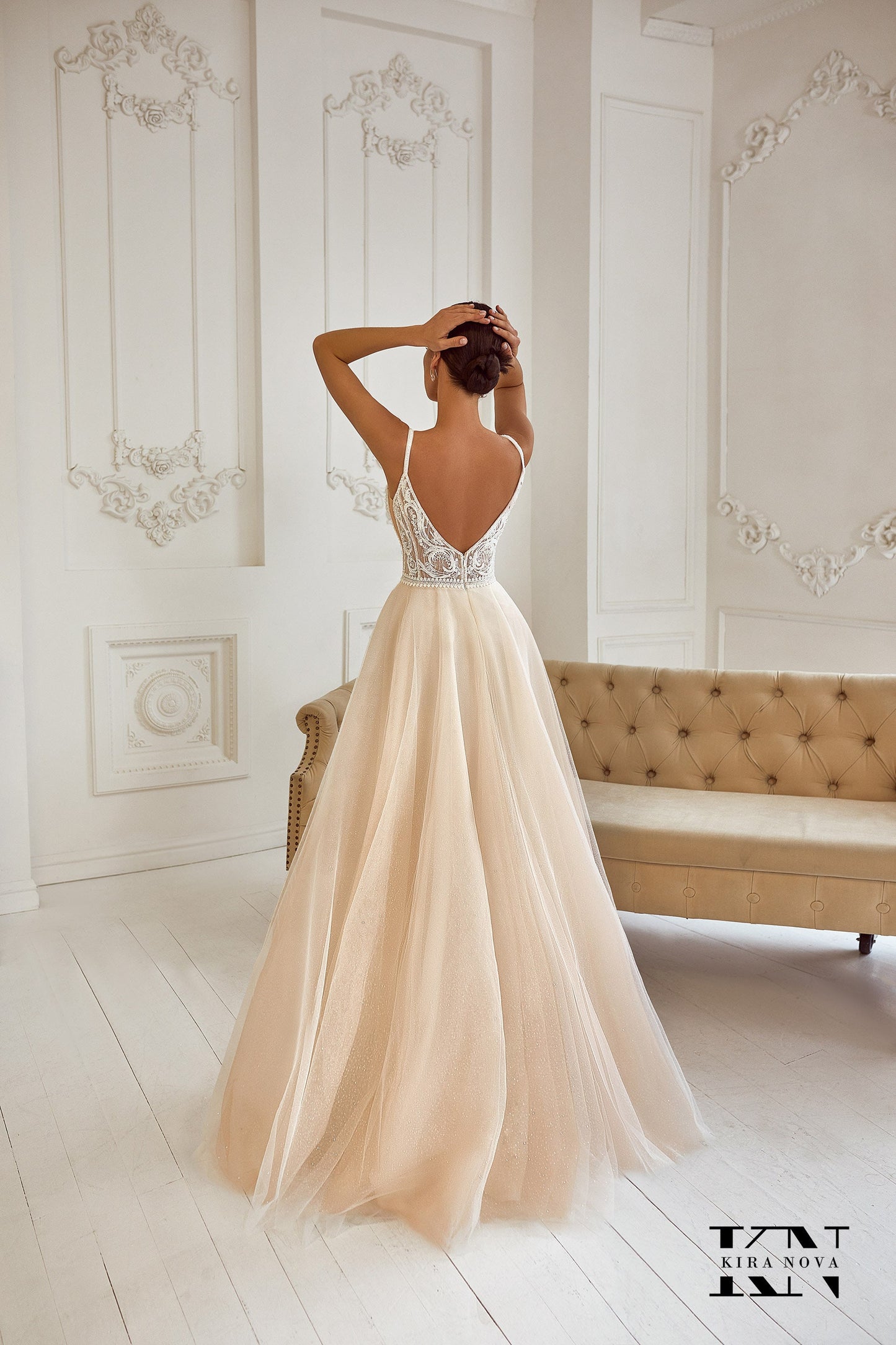Sleeveless A-Line Boho Wedding Dress with Backless Design, Straps, and V-Neck Floor Length Bridal Gown Champagne and Ivory Sparkle Tulle