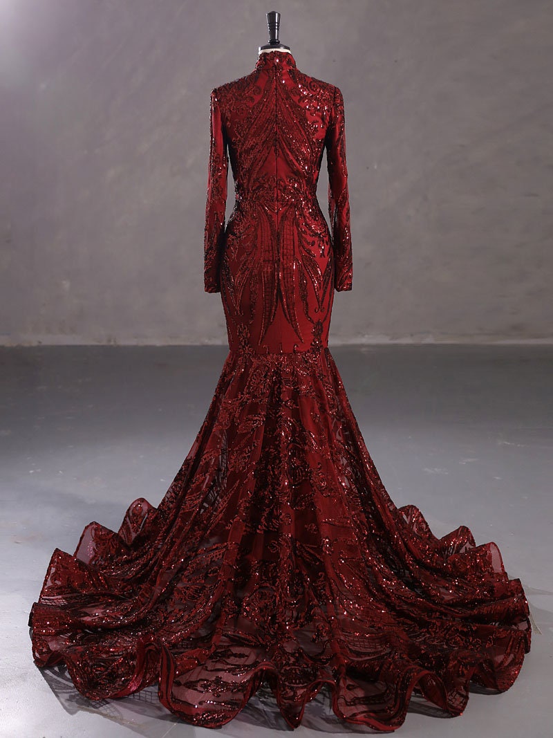Red Burgundy Orange Sexy Fitted Mermaid Wedding Dress Bridal Gown Long Sleeve High Collar Plunge Neckline Closed Covered Back Sequin Fabric