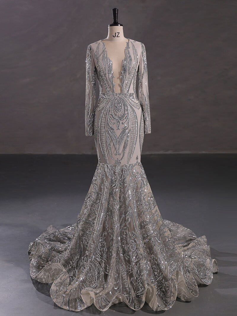 Sparkley Iridescent Sexy Fitted Mermaid Wedding Dress Bridal Gown Long Sleeve Plunge Neckline Closed Covered Back Sequin Fabric Silver