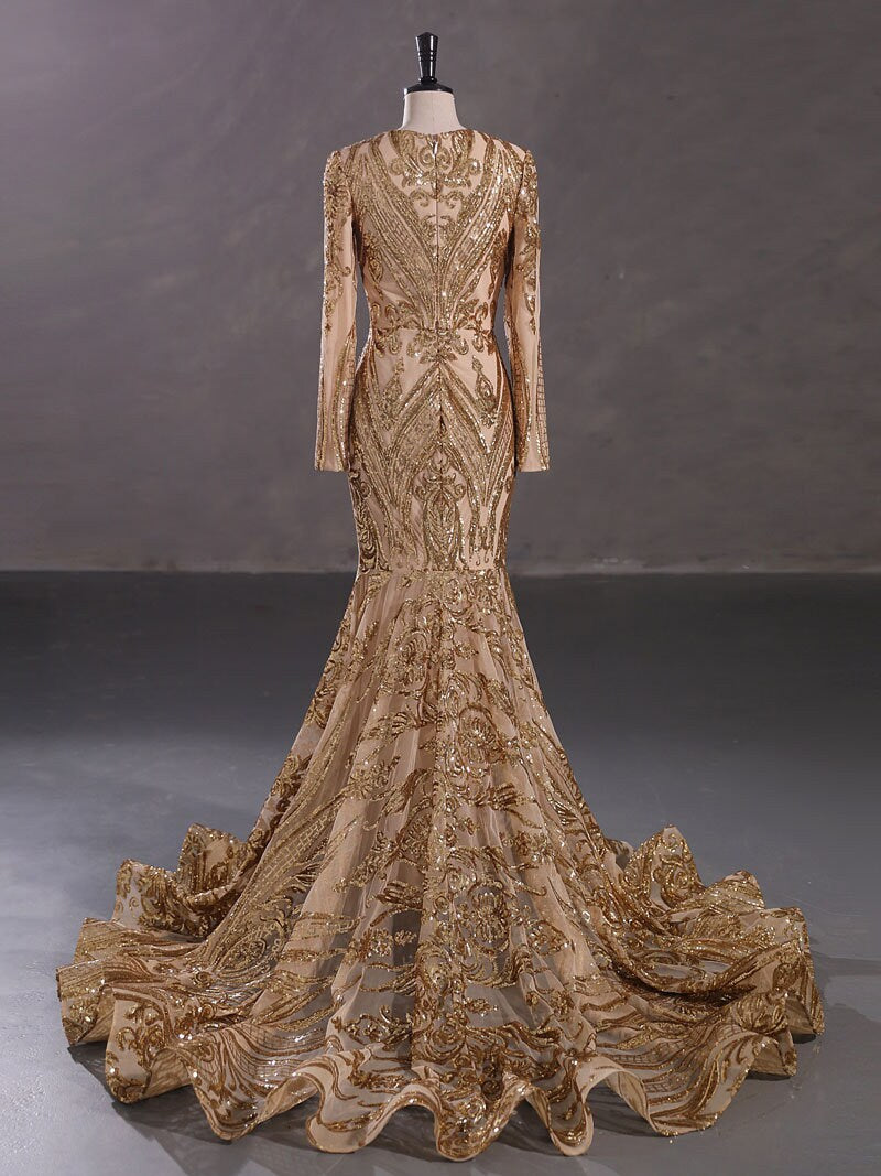 Red Burgundy Orange Sexy Fitted Mermaid Wedding Dress Bridal Gown Long Sleeve High Collar Plunge Neckline Closed Covered Back Sequin Fabric