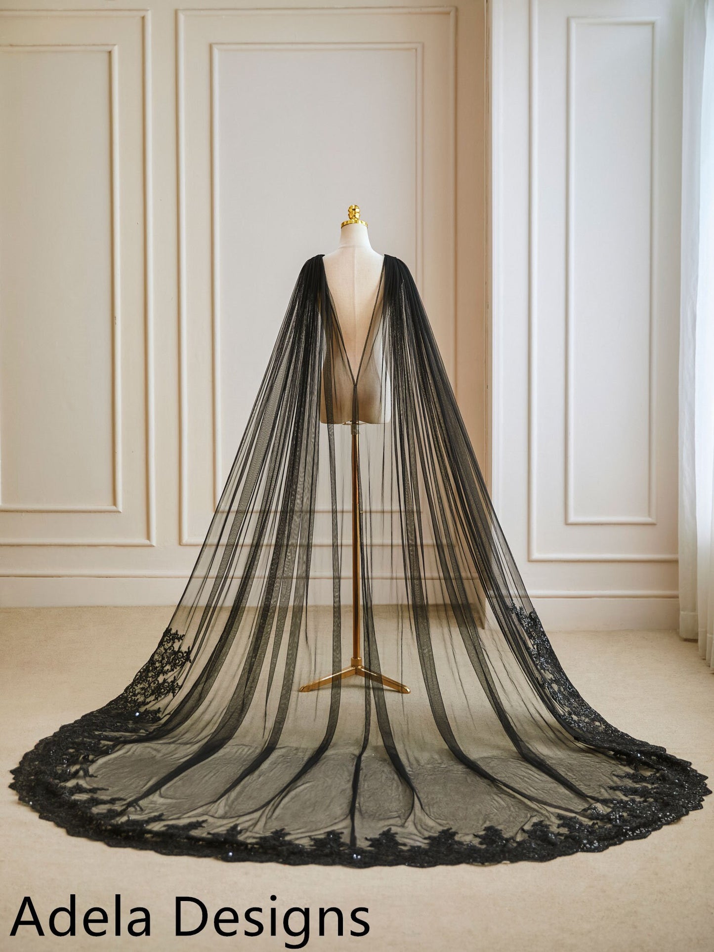 Bridal Cape Veils Gothic Alternative Wedding Lace Edge Tulle Cathedral Length Wedding Veil Black 10 Feet