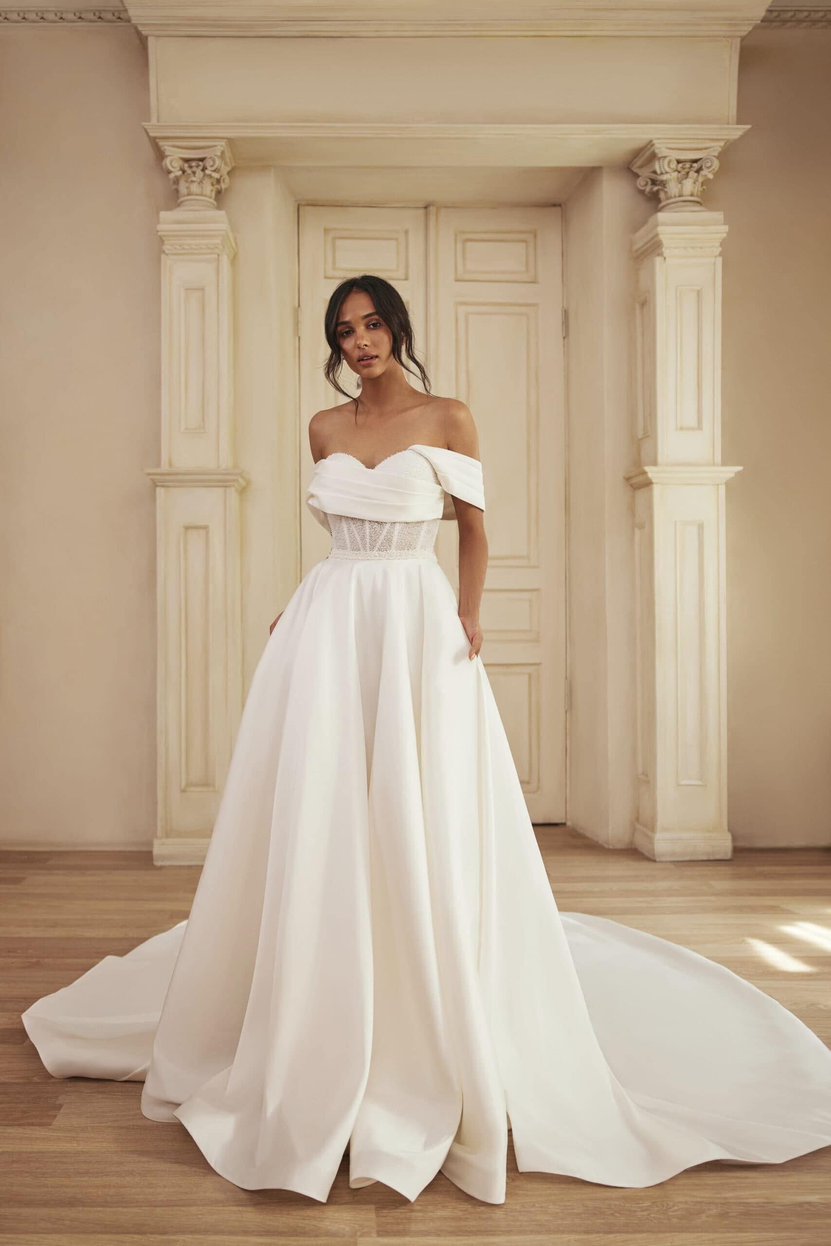 pearl off the shoulder wedding dress Off Shoulder Pearl Beaded Wedding Dress with Transparent Sleeve - Alisse Bridal Snow-winter-diamond White / Tulle
