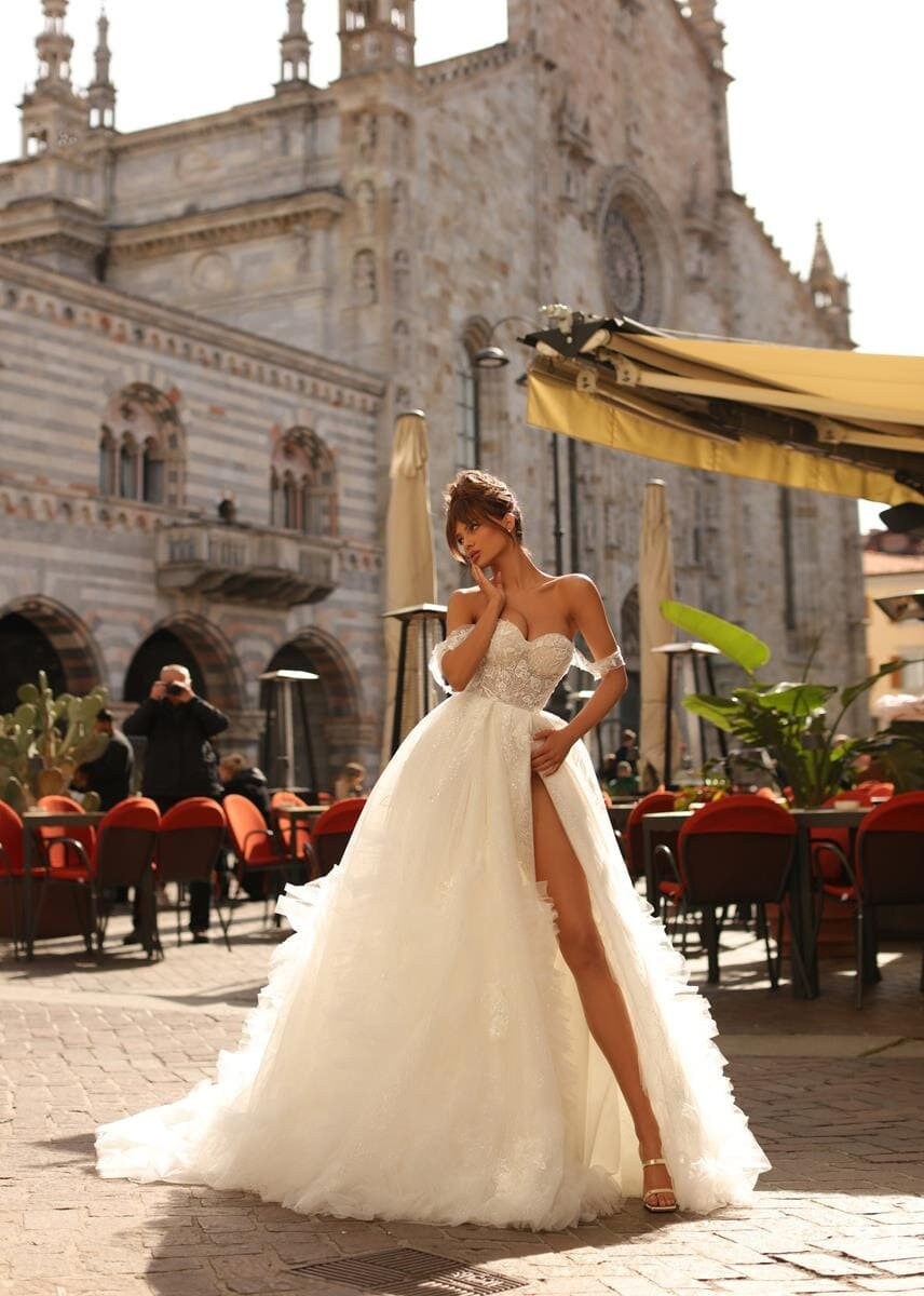 ruffle princess wedding dress Princess Wedding Dresses Sweetheart Off Shoulder Sweep Train Tulle Ruffle Gowns